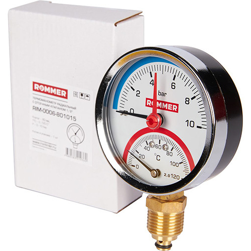 Термоманометр радиальный Rommer ф1/2" корпус 80 мм 0-10 бар
