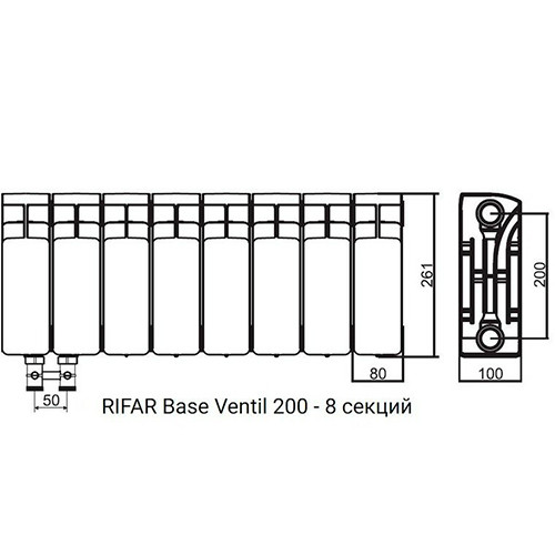 Радиатор биметаллический Rifar Base 200 нижнее подключение 8 секций