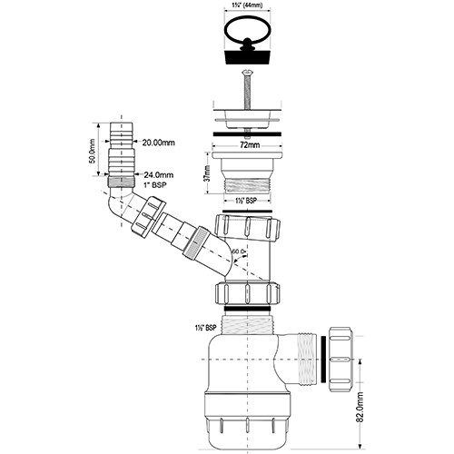 Сифон бутылочный McAlpine ф1 1/2" НГ выход 40 мм MRSK3