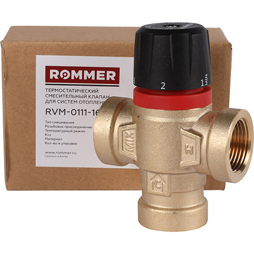 Термосмесительный клапан Rommer ВР ф3/4" от 20°С до 43°С KVs 1.6 боковое смешивание