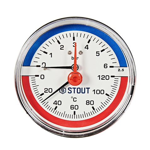 Термоманометр аксиальный Stout ф1/2" в комплекте с автоматическим запорным клапаном корпус Dn 80 мм 1/2 , 0...120°C, 0-6 бар