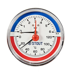Термоманометр аксиальный Stout ф1/2" в комплекте с автоматическим запорным клапаном корпус Dn 80 мм 1/2 , 0...120°C, 0-4 бар